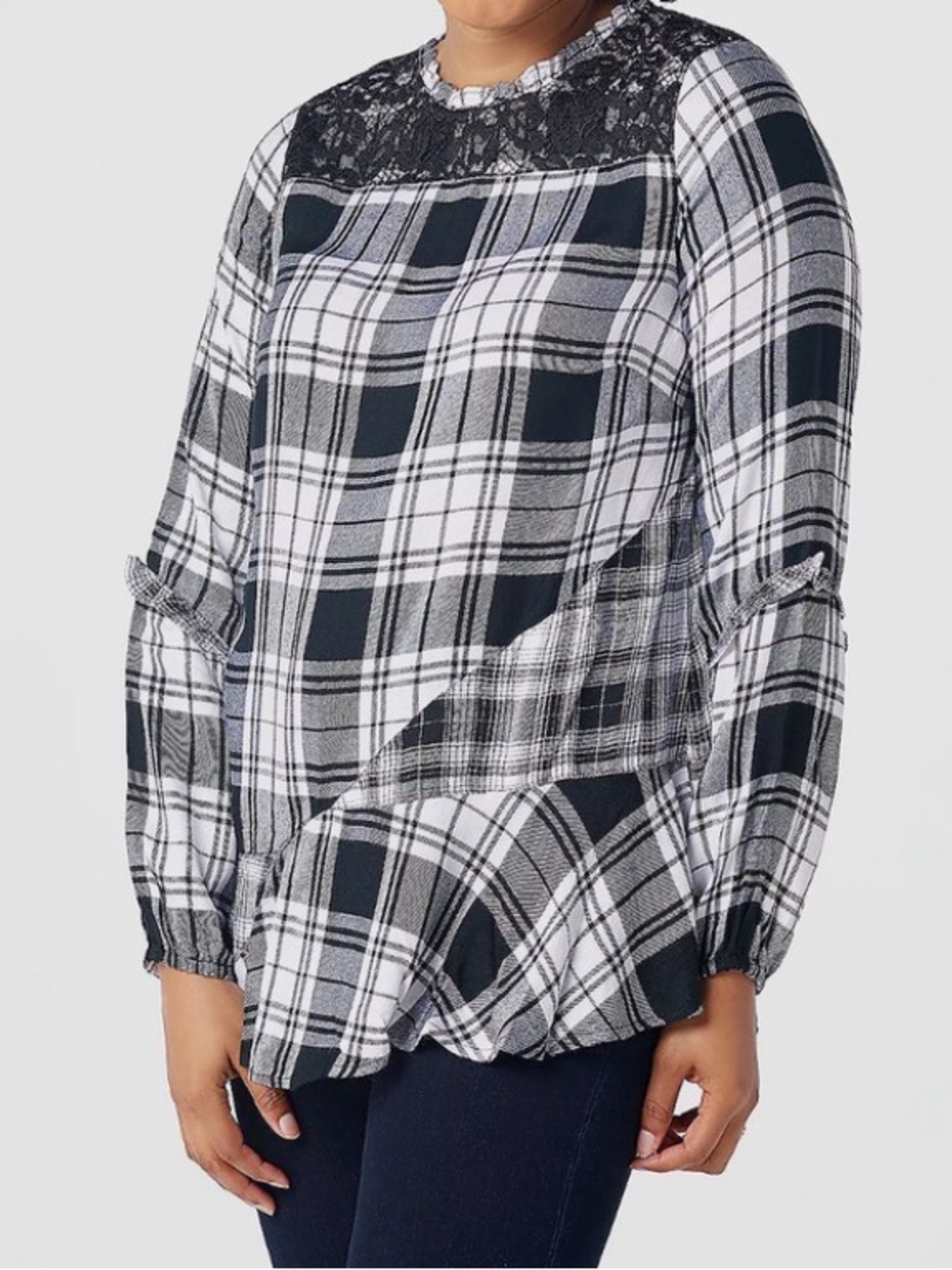 LOGO by Lori Goldstein Black & White Plaid Lace-Yoke Peplum Top